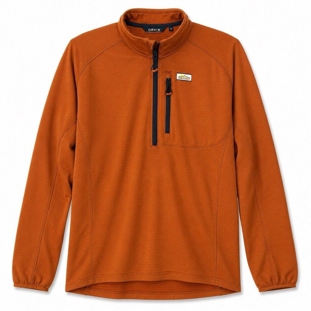 Orvis 1/4 Zip Pullover Mens M Orange Waffle Grid Fleece Performance Hiking